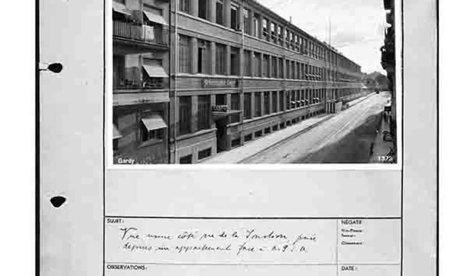 Vue de la deuxième usine Gardy, dite du Vélodrome, prise à l’avenue de la Jonction, 1943.